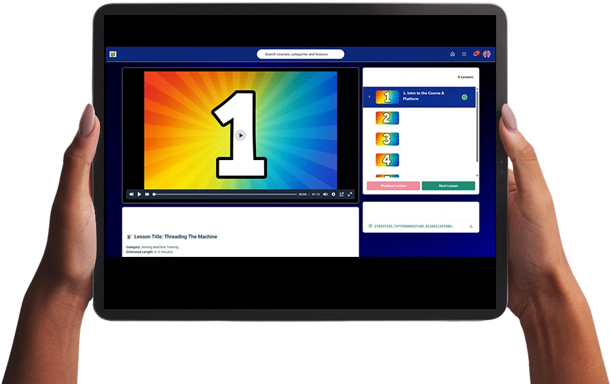 FixMyInflatable online repair course lesson playing on a tablet with lesson navigation