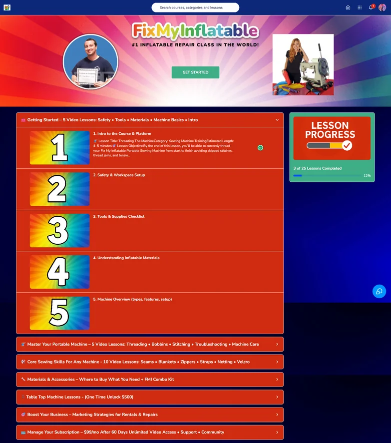 FixMyInflatable online course dashboard showing modules, video lessons and lesson progress tracker