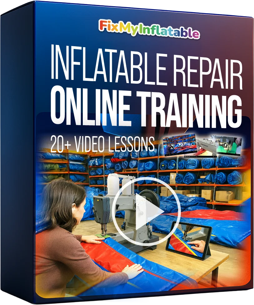 FixMyInflatable Online Training box mockup with 20 plus video lessons on inflatable repair