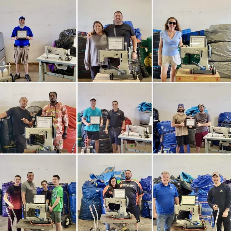 Nine FixMyInflatable graduates holding certificates in front of Portable Sewing Machines