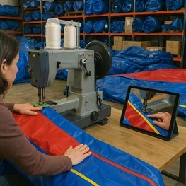 Student following an inflatable repair course lesson on a tablet while stitching a bounce house on the portable sewing machine