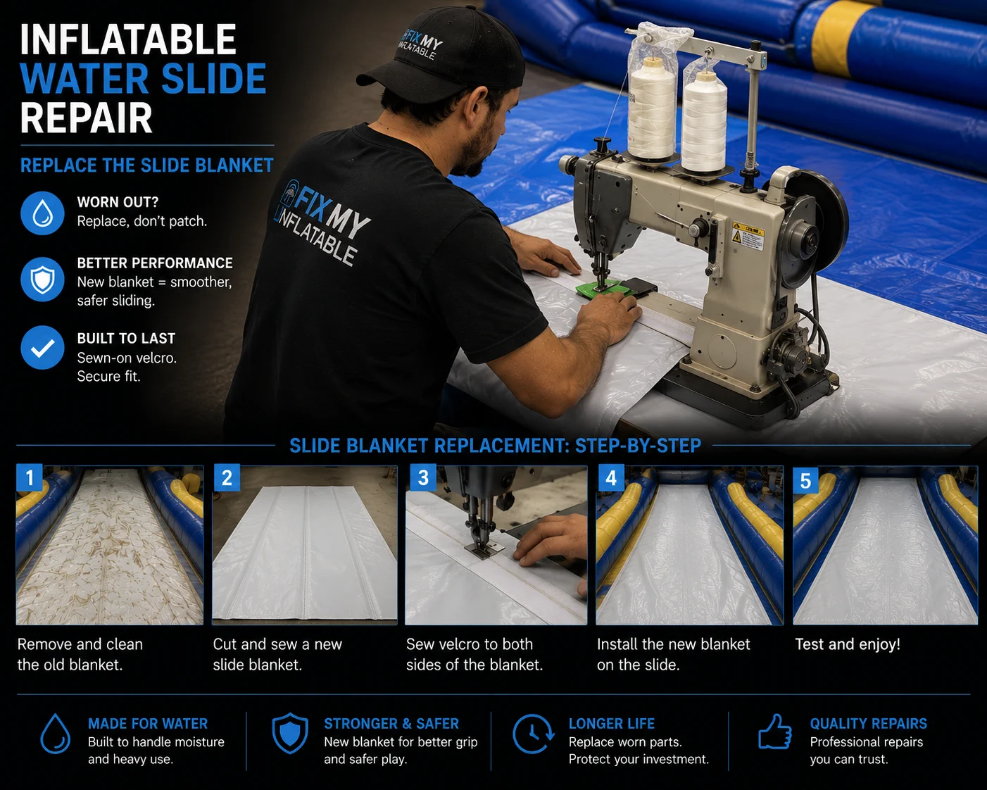 Inflatable water slide sliding surface being repaired