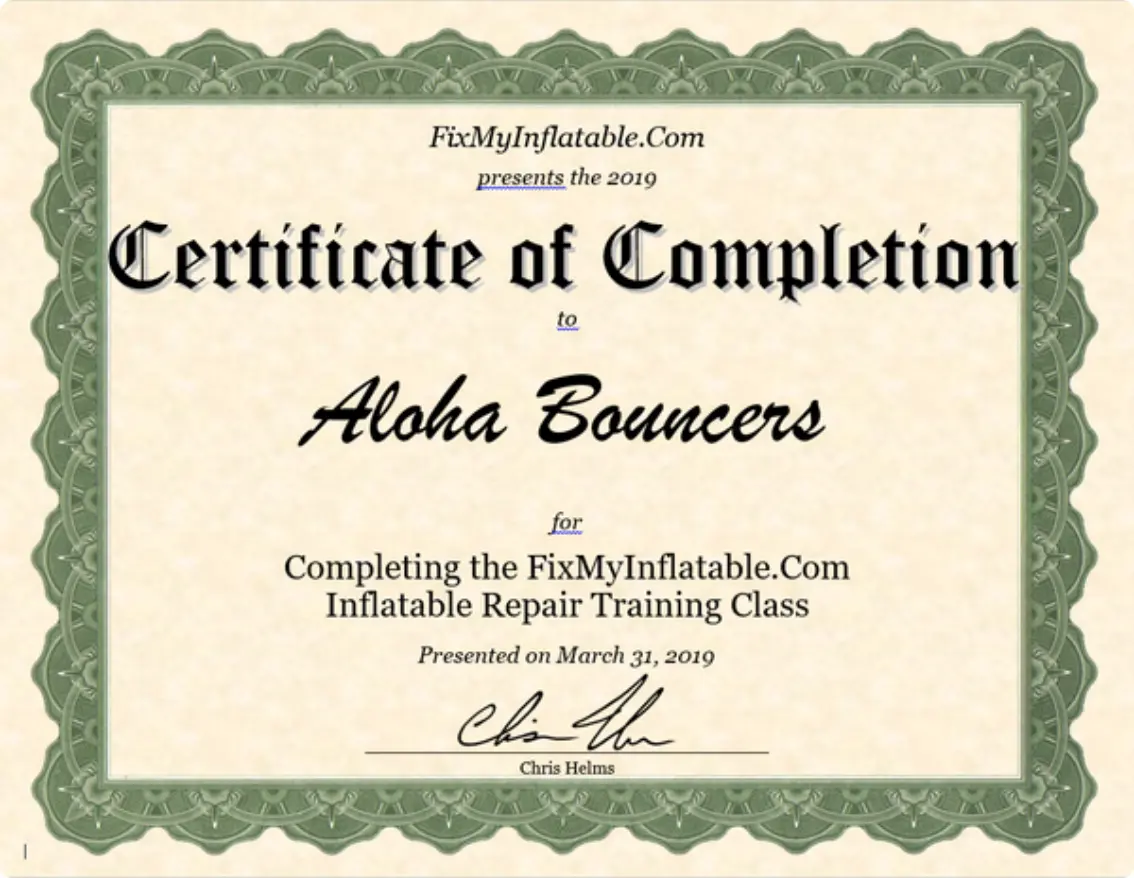 FixMyInflatable Certificate of Completion for the inflatable repair training class