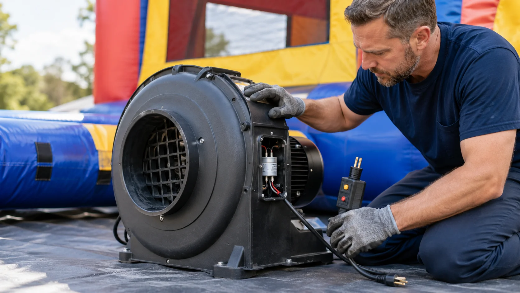 Bounce house blower motor being inspected