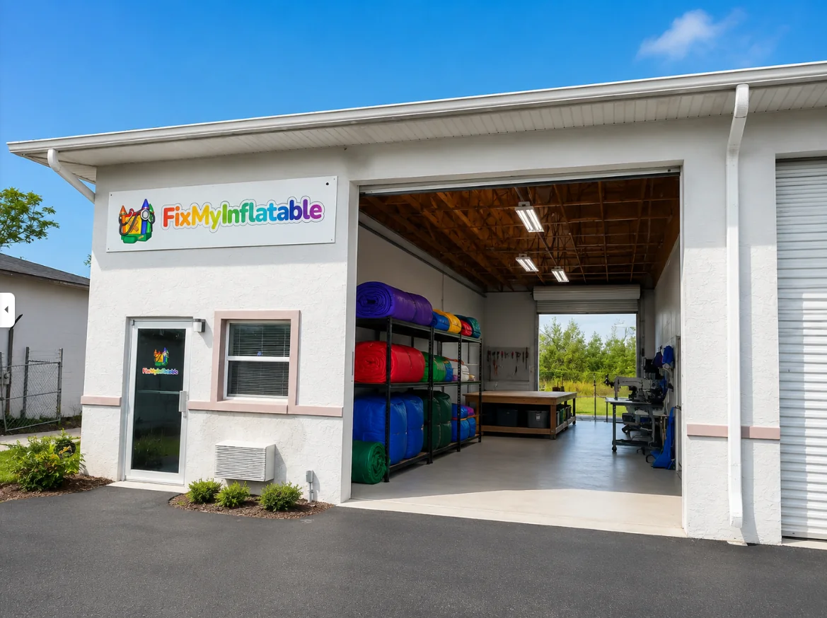 FixMyInflatable inflatable repair workshop and training facility in Ocala, Florida with rolled bounce house vinyl and industrial sewing machines