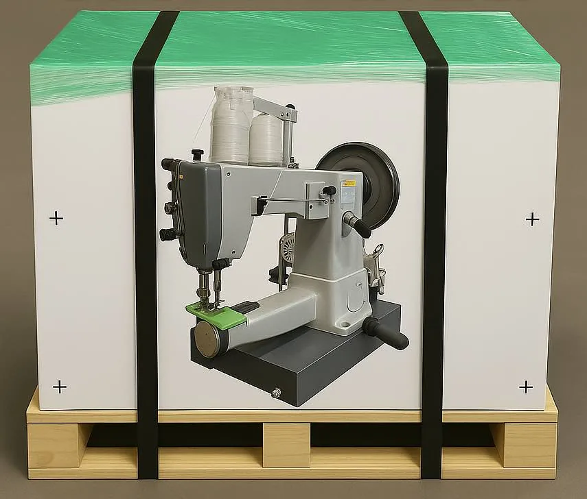 Portable walking-foot sewing machine shipped crated on a pallet, ready for inflatable repair work